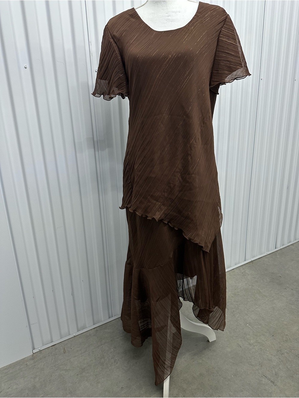R & M Richards Brown Chiffon with Copper Threads Maxi Dress with Asymmetric Hem